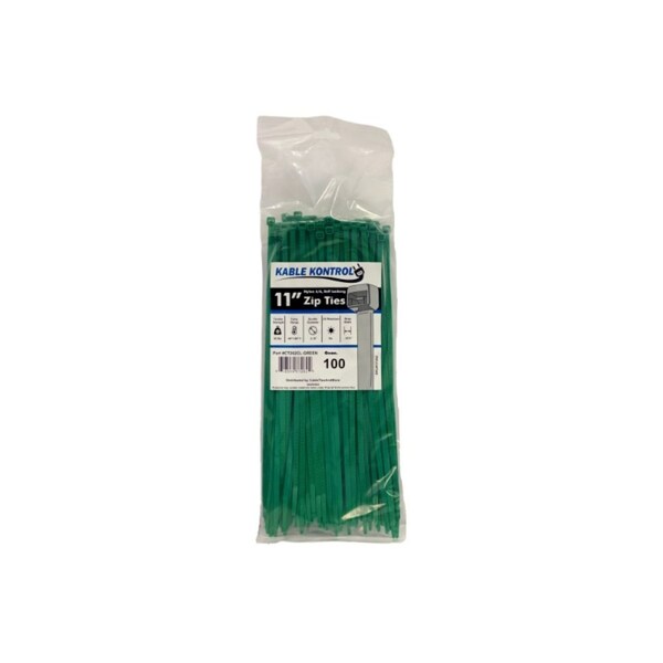Kable Kontrol Cable Tie, 11 in L, 3-3/16 in Max Bundle Dia., Green, Nylon 6/6, 50 lb Strength, 100 PK CT262CL-GREEN - main